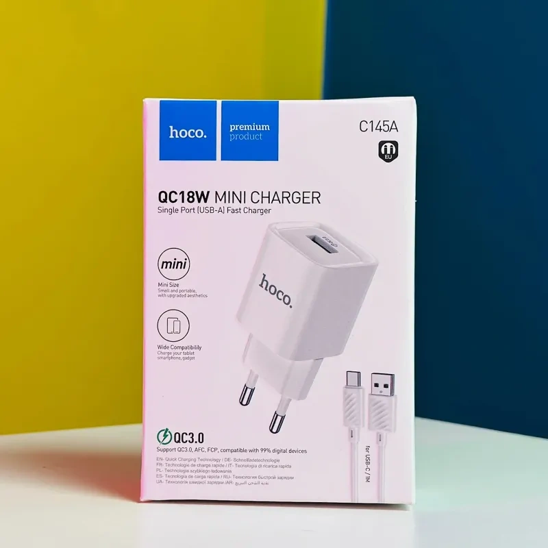 Hoco C145A QC3.0 Wall charger With USB to type -C Cable Hoco C145A QC3.0 Wall charger With USB to type -C Cable - Image 1