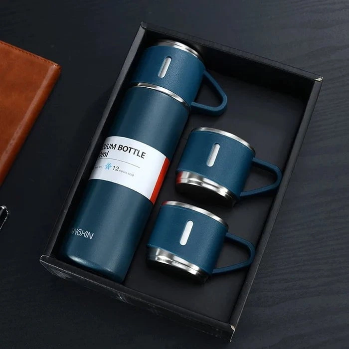 Stainless Steel Vacuum Flask Hot And Cool Water Bottle with two cups – Random Color Stainless Steel Vacuum Flask Hot And Cool Water Bottle with two cups – Random Color - Image 1
