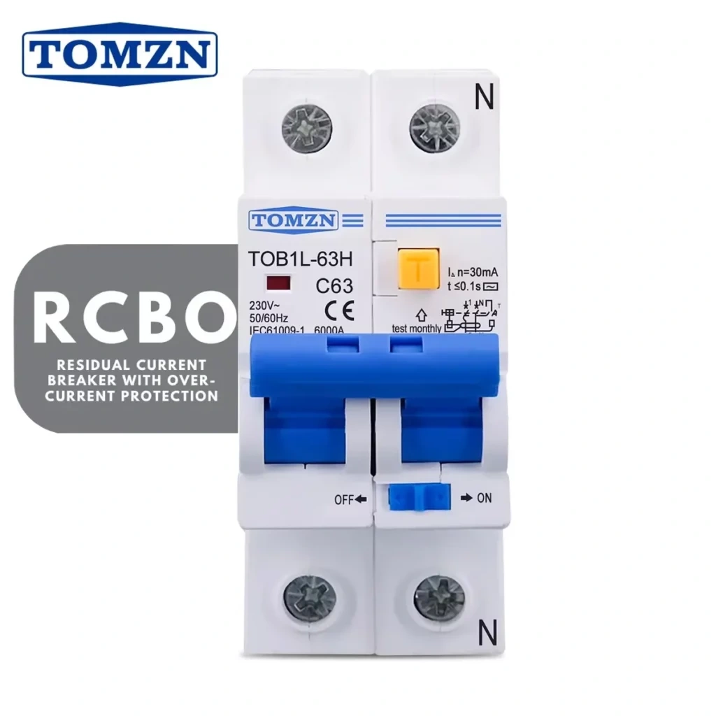TOMZN RCBO TOB1 TOMZN RCBO TOB1L-63H 2P 63A 230V AC 50Hz/60Hz Residual Current Circuit breaker with over current and Leakage protection RCBO - Image 1