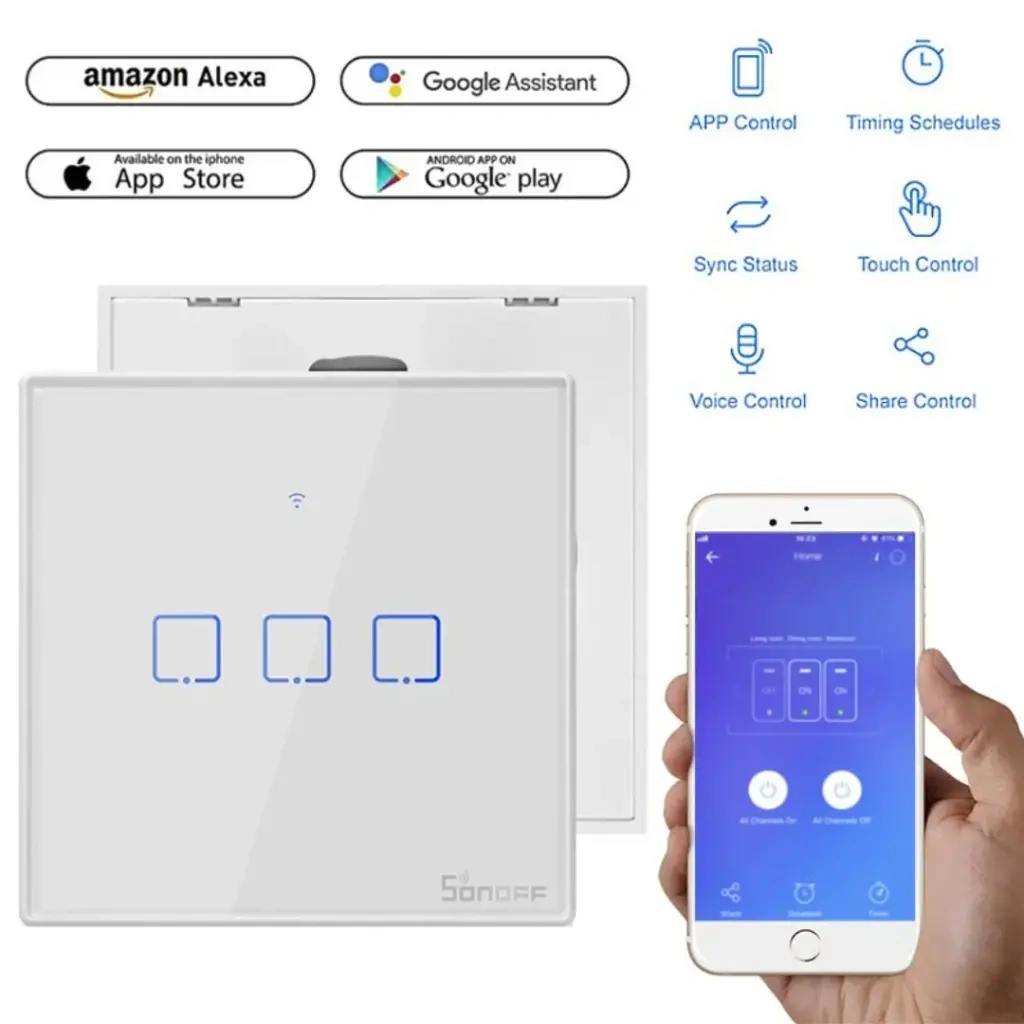 SONOFF WiFi Smart Wall Touch Switch T2 UK 3 Gang- Compatible With Alexa, Google Assistant – White Color SONOFF WiFi Smart Wall Touch Switch T2 UK 3 Gang- Compatible With Alexa, Google Assistant – White Color - Image 1