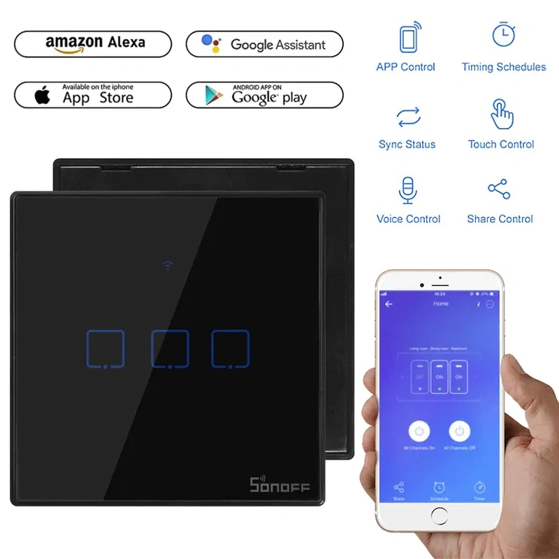 SONOFF WiFi Smart Wall Touch Switch T3 UK 3 Gang- Compatible With Alexa, Google Assistant – Black Color SONOFF WiFi Smart Wall Touch Switch T3 UK 3 Gang- Compatible With Alexa, Google Assistant – Black Color - Image 1