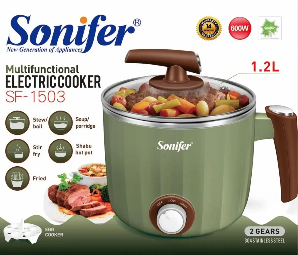 Sonifer SF-1503 Multifunctional Electric Cooker – 1.2L, Green Color Sonifer SF-1503 Multifunctional Electric Cooker – 1.2L, Green Color - Image 1