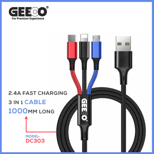 geeoo_dc-303_2.4a_3in1_super_fast_charging_cable_in_bdhsop GEEOO DC-303 2.4A 3IN1 Super Fast Charging Cable - Image 1
