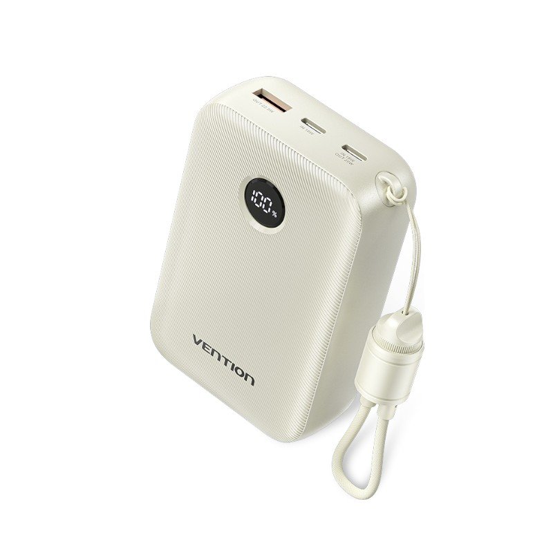 white-Photoroom-Photoroom-2-1 VENTION FKBN0-C 22.5W 20000mAh LED Display Power Bank with Built-in USB-C to C Cable – Beige - Image 1